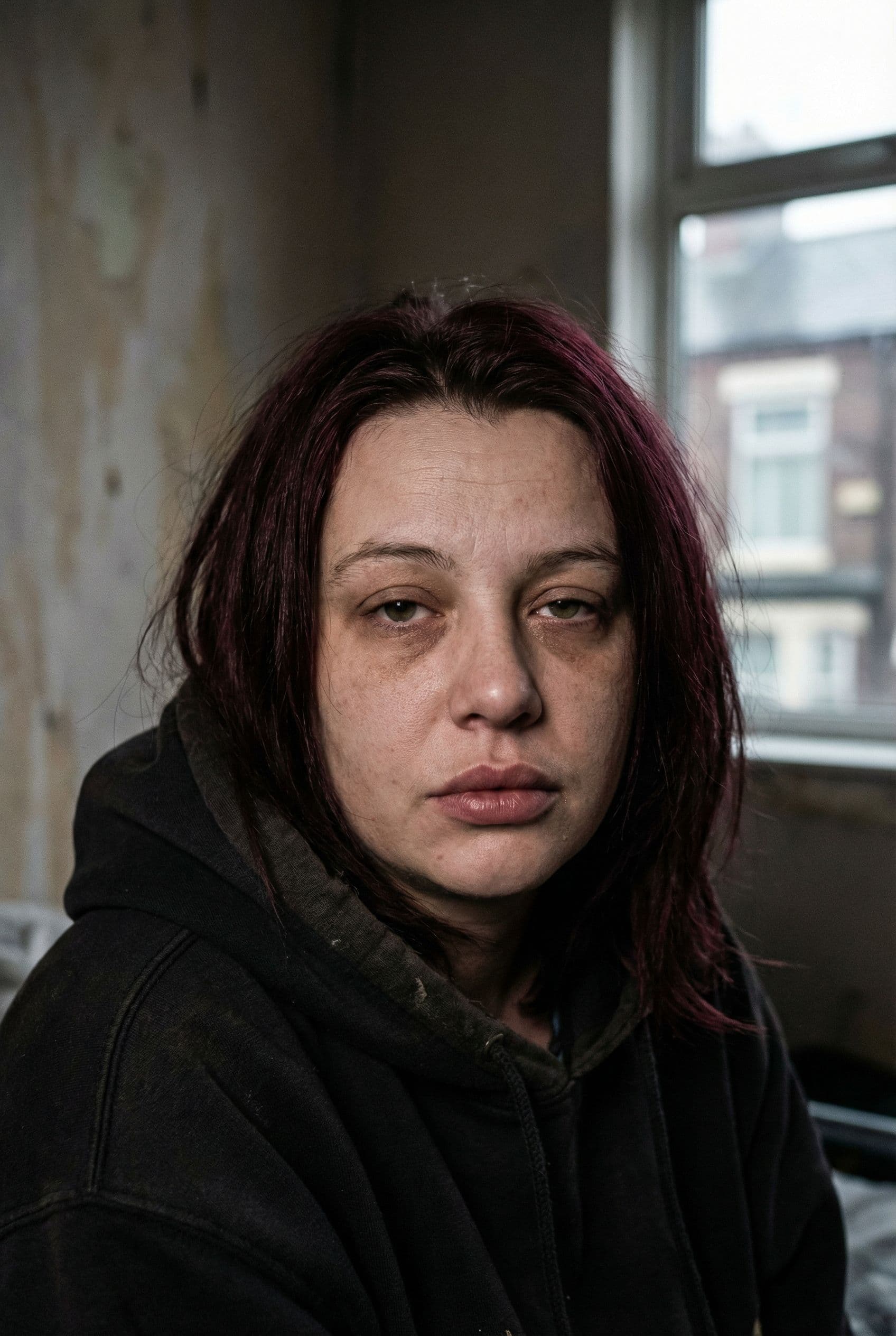 AI generated: Close-up portrait of a woman from Liverpool, early morning face when getting up, no makeup, with sha...