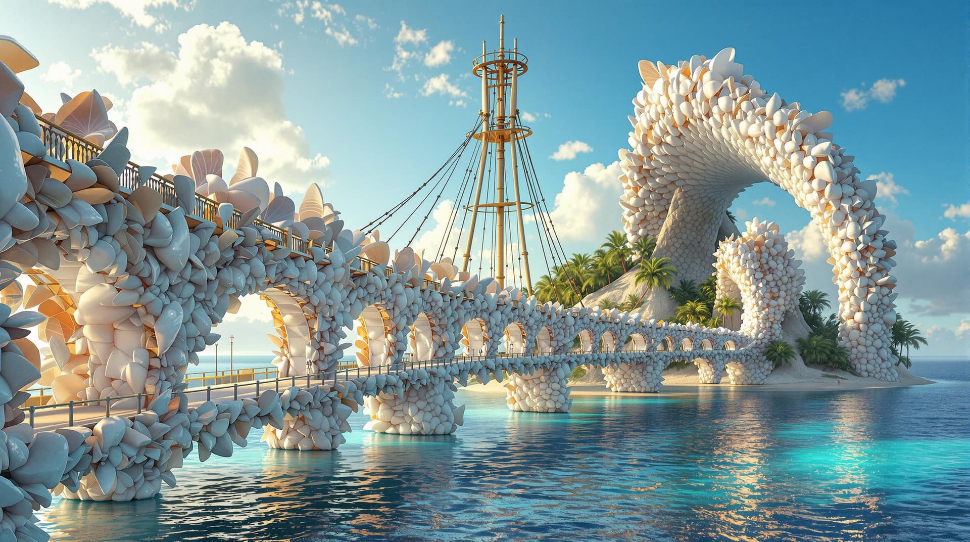 AI generated:  A majestic bridge crafted from colossal seashells and shimmering pearls arches gracefully towards a...