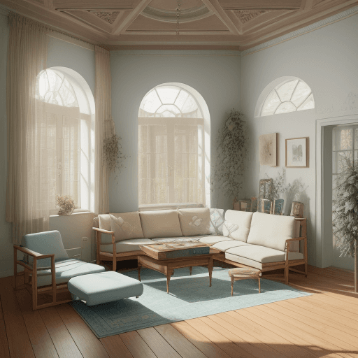AI generated: High resolution photography interior design, dreamy sunken living room conversation pit, wooden floo...