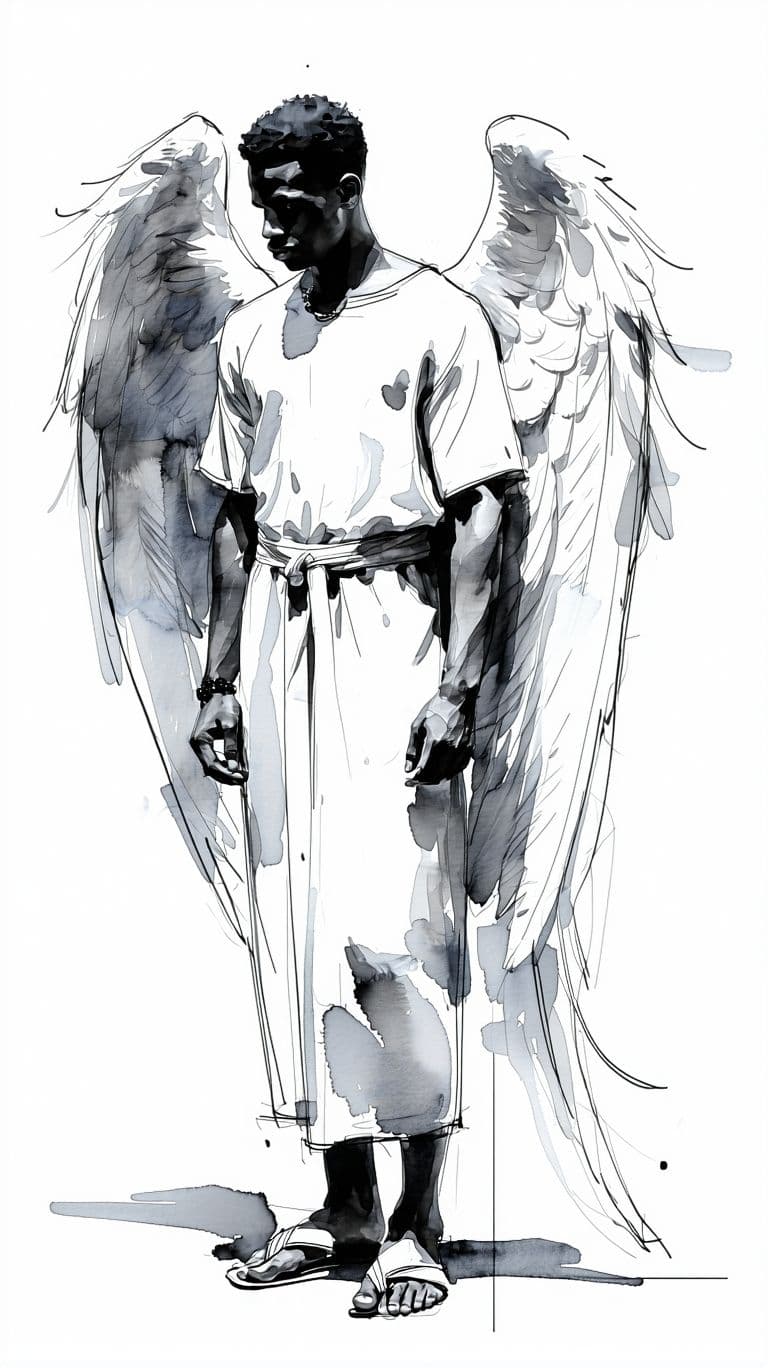 AI generated: Black and white ink sketch of a white male angel with wings and a long white robe, wearing sandals -...