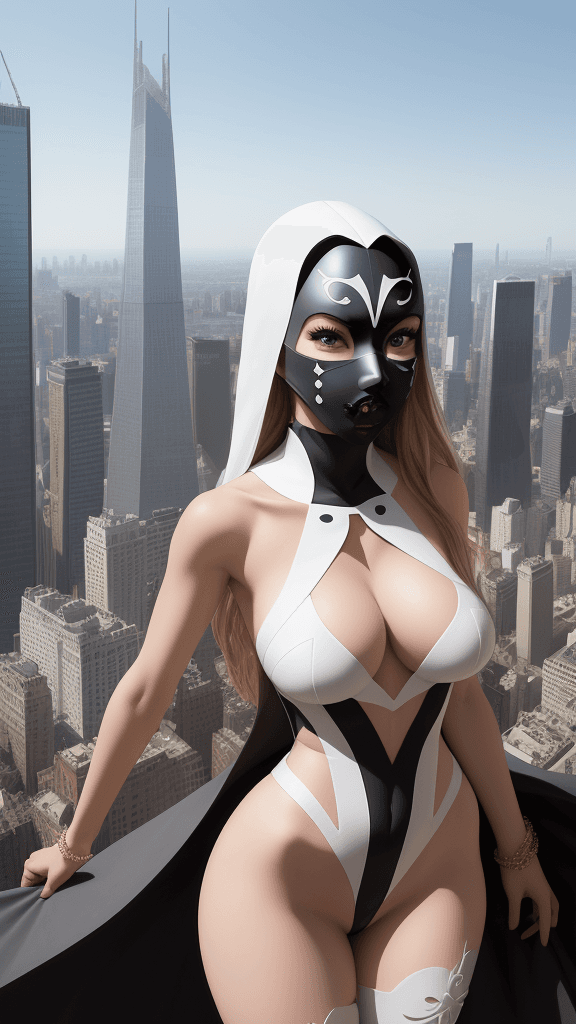 AI generated: adorned in only a veletmask
easy access cutouts
poses open atop a towering skyscraper
her flawless
s...