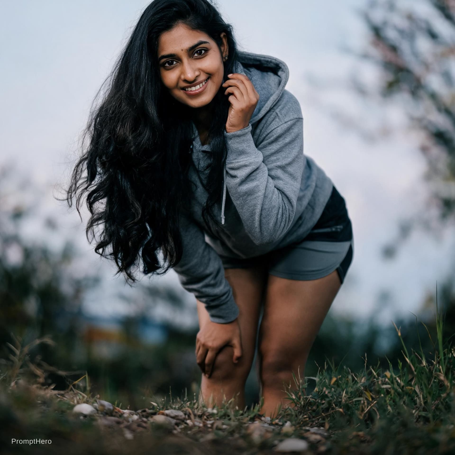 AI generated: A behind On the ground Low angle wide shot mid range 35mm macro lens Prompt:
A playful india woman, ...