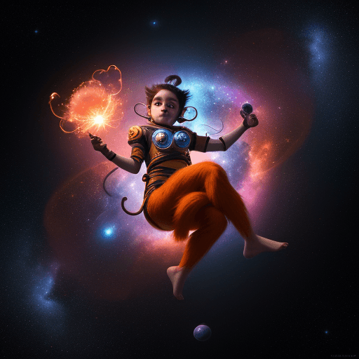 AI generated: ultra realistic beautiful and cute female anthropomorphic space monkey flow artist juggling fire Poi...
