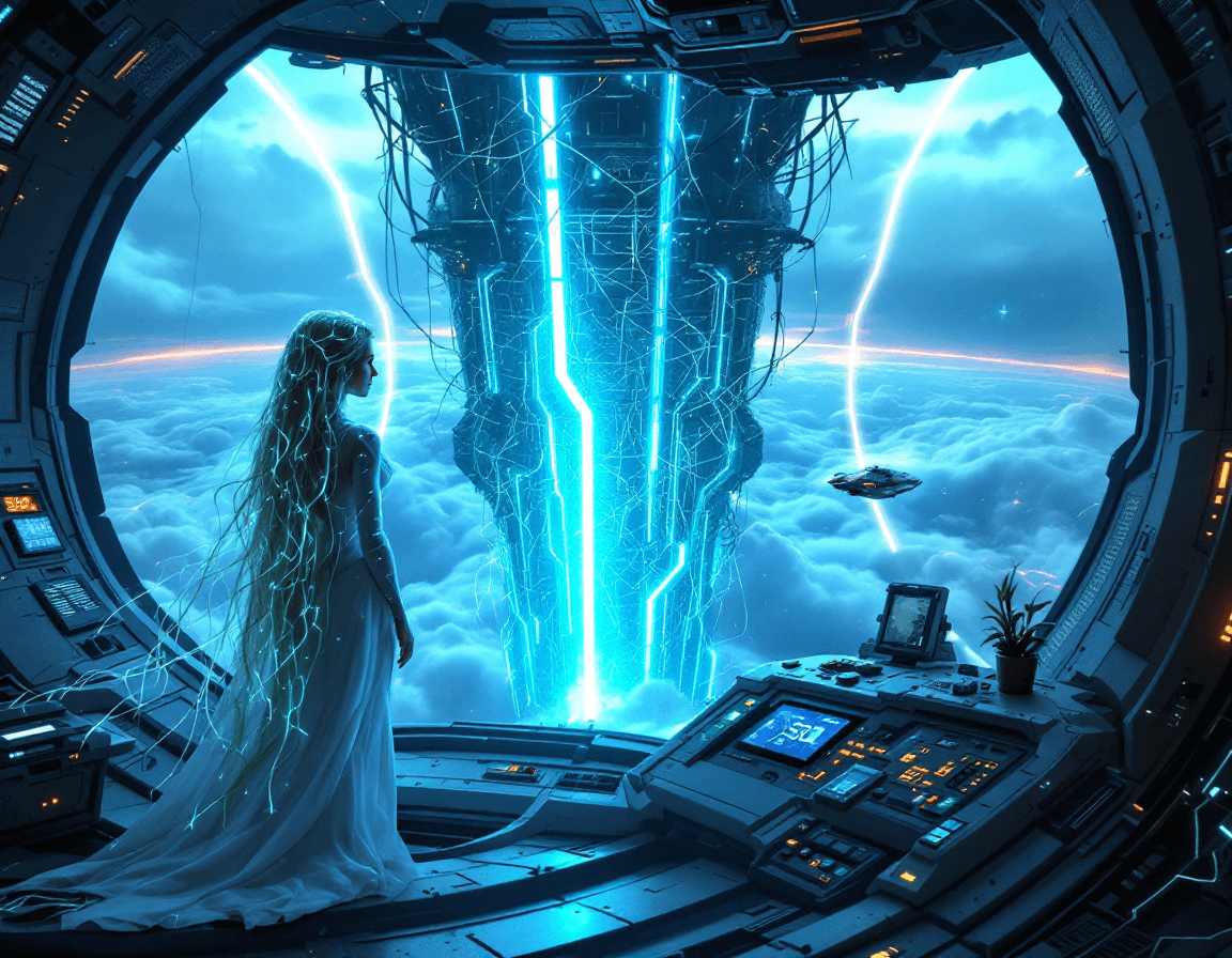 AI generated: A solitary figure gazes from a glass dome at the top of a colossal orbital tower stretching far abov...
