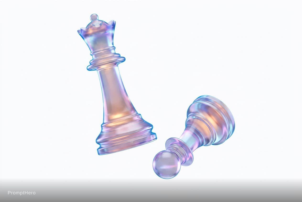 AI generated: 
Two 3D chess pieces on a white background. One is a queen standing upright, another is a fallen paw...
