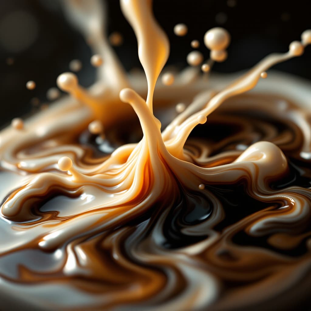 AI generated: The video presents a breathtaking HDR-enhanced close-up of coffee and cream blending together in a c...