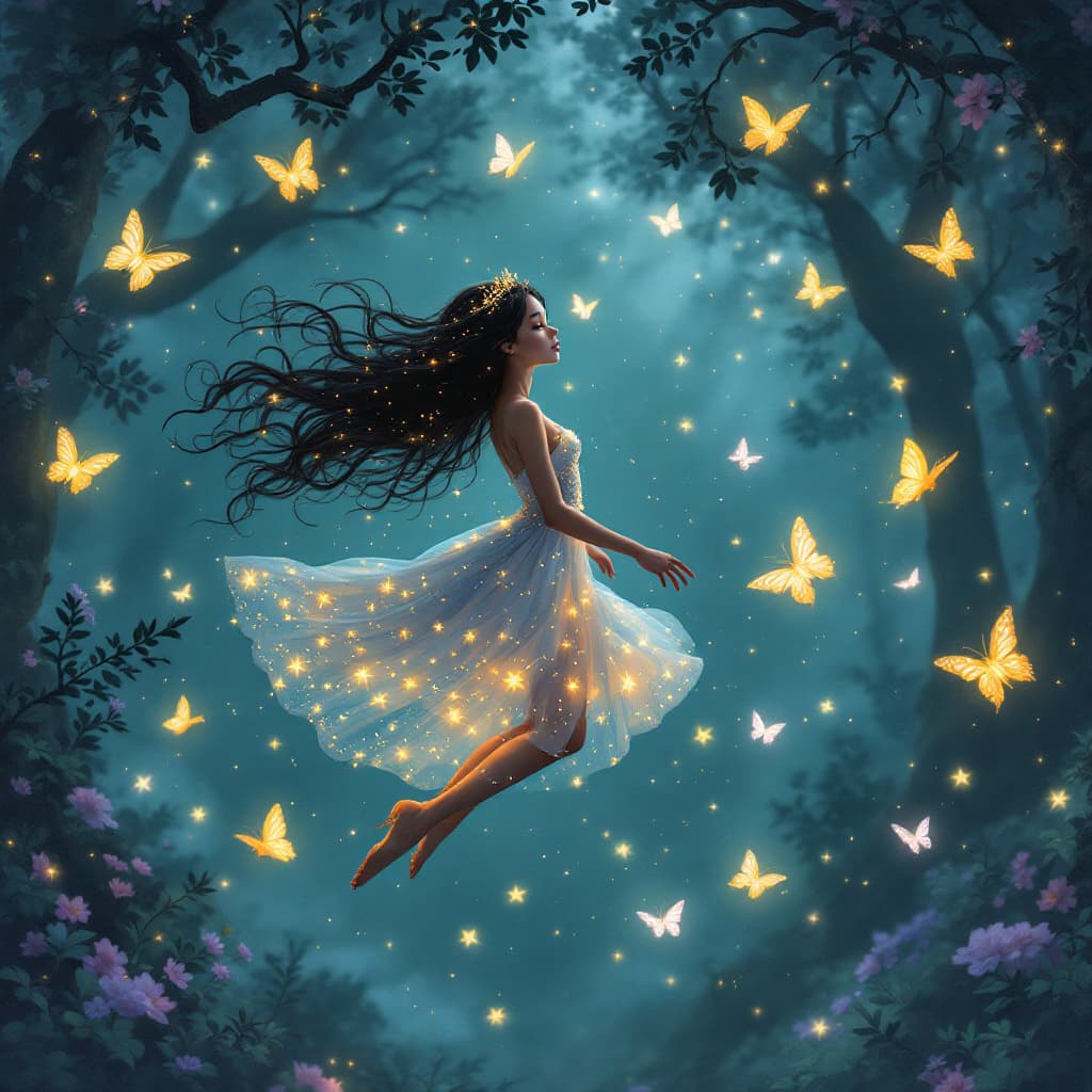AI generated: Magical Girl: "A girl floating in an enchanted forest, wearing a dress that shines with little light...