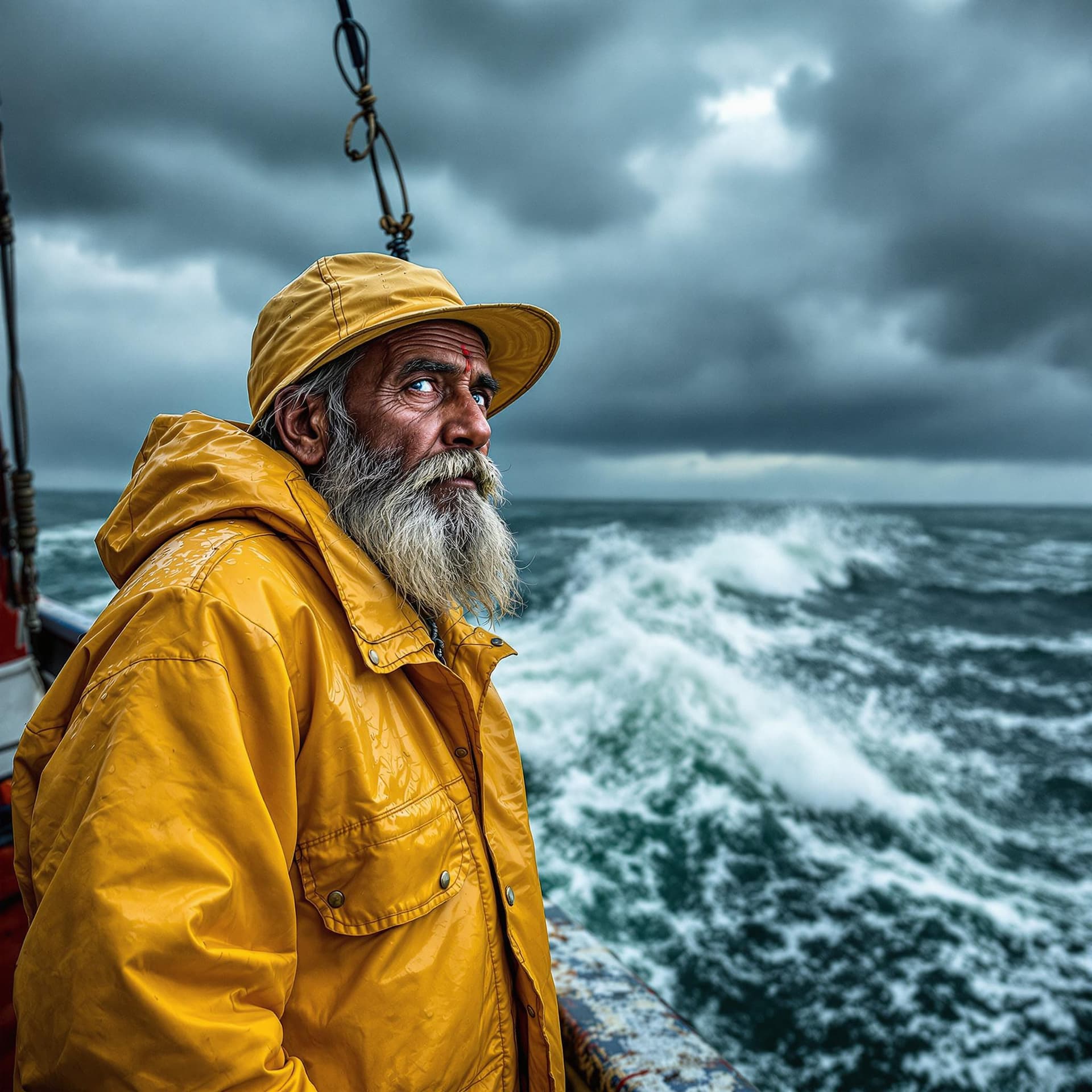 AI generated: A weathered Indian fisherman in his early 60s stands on the deck of his boat, gazing out at a stormy...