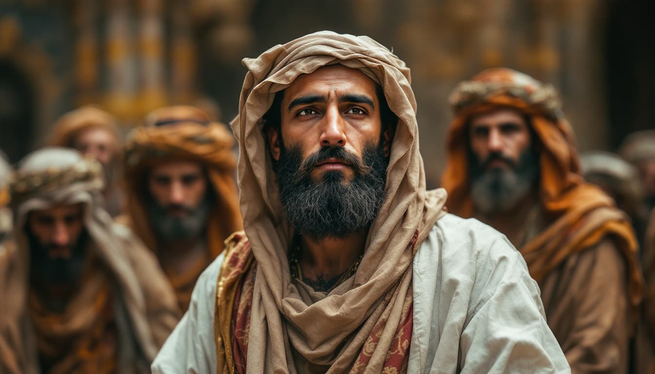 AI generated: an arabic man with a beard standing againist anti christ and each one of them has people that suppor...