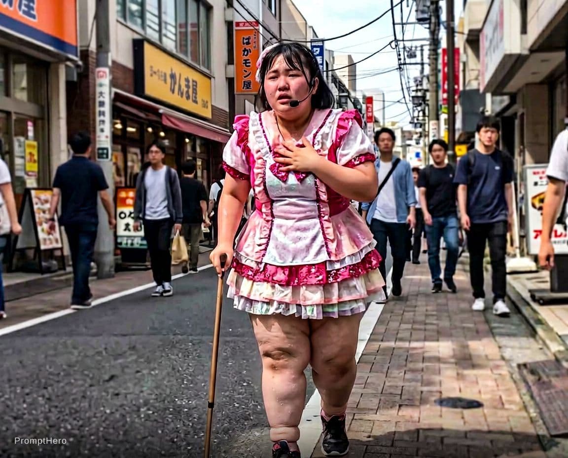 AI generated: Passerby video style scene, a young Asian female pop idol weighing around 1500 lbs struggles to walk...