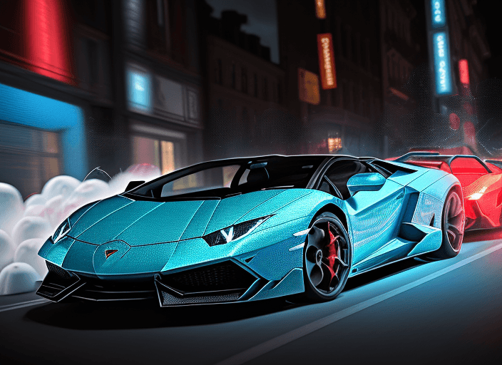 AI generated: The Lamborghini Red car is a translucent fractal ramship emitting a glowing shell of azure lightning...