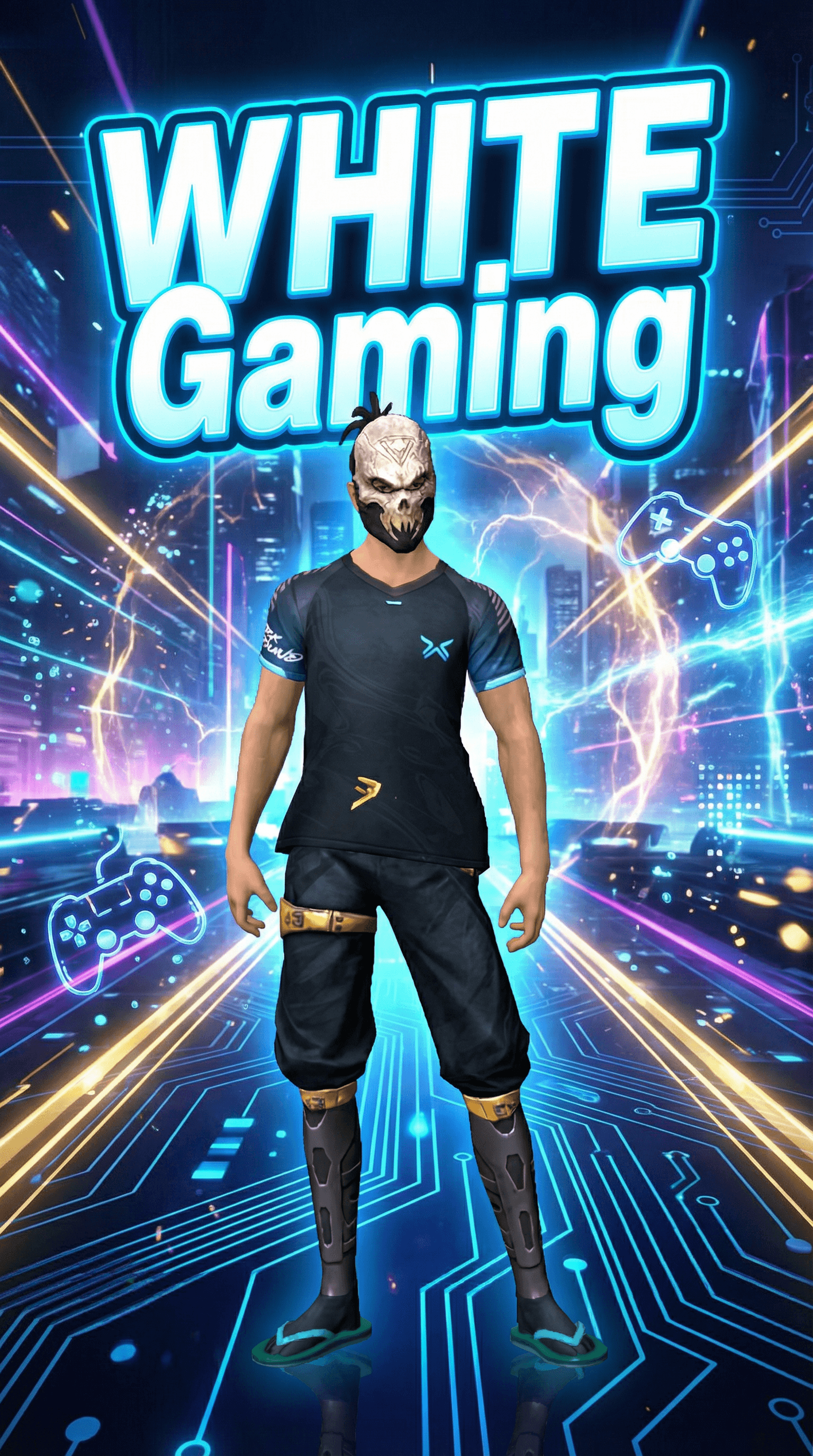 AI generated: Yt gaming channel banner channel name WHITE Gaming character this pose