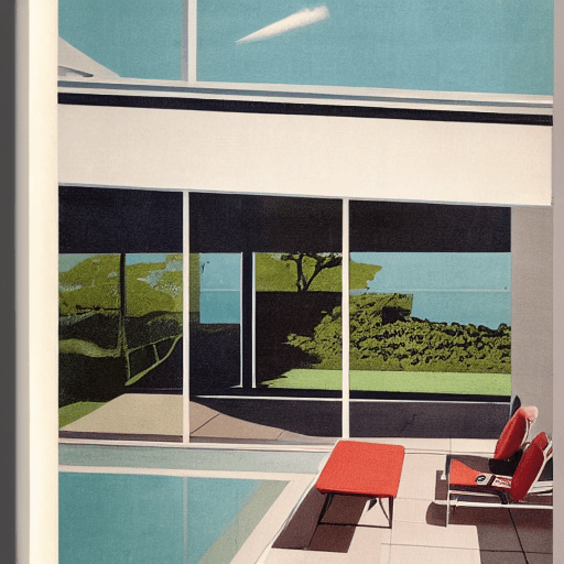 AI generated: hyper realistic eye level exterior photo of a mid century modern style house overlooking the ocean, ...