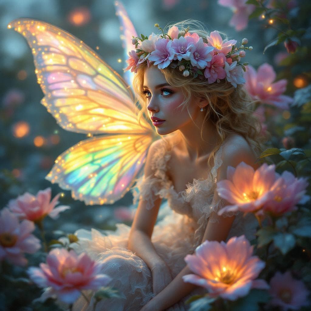 AI generated: fairy with flowers, pastel colors, extremely detailed, lights, glow, flowers