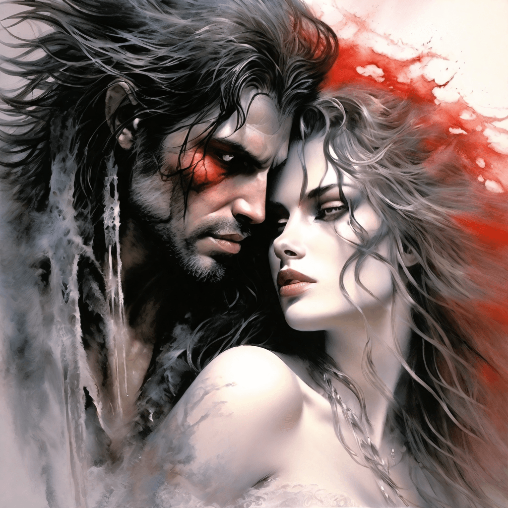AI generated: A stunningly intricate close up portrait of a romantic passionate couple, (((luis royo and julie bel...