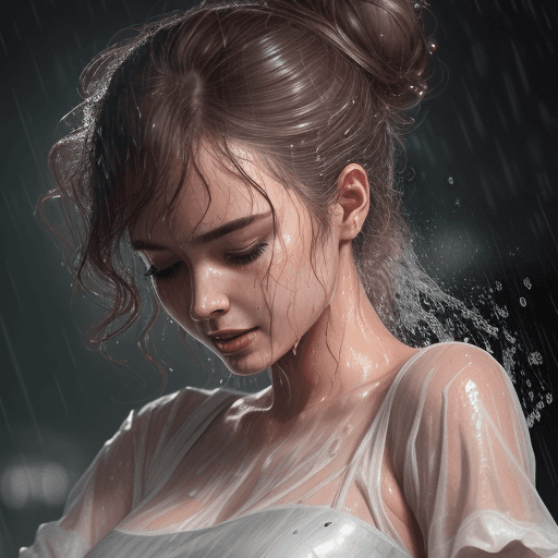 AI generated: A beautiful lady dancing in heavy rain, face and body are wet, messy bun hair  32k UHD, highly detai...
