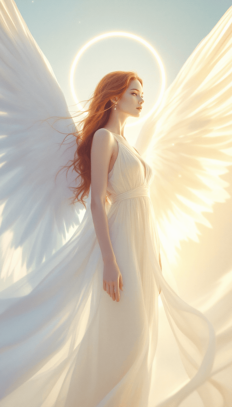 AI generated: Ultra-high resolution, Hyper-detailed celestial artwork, A radiant angel standing gracefully with la...