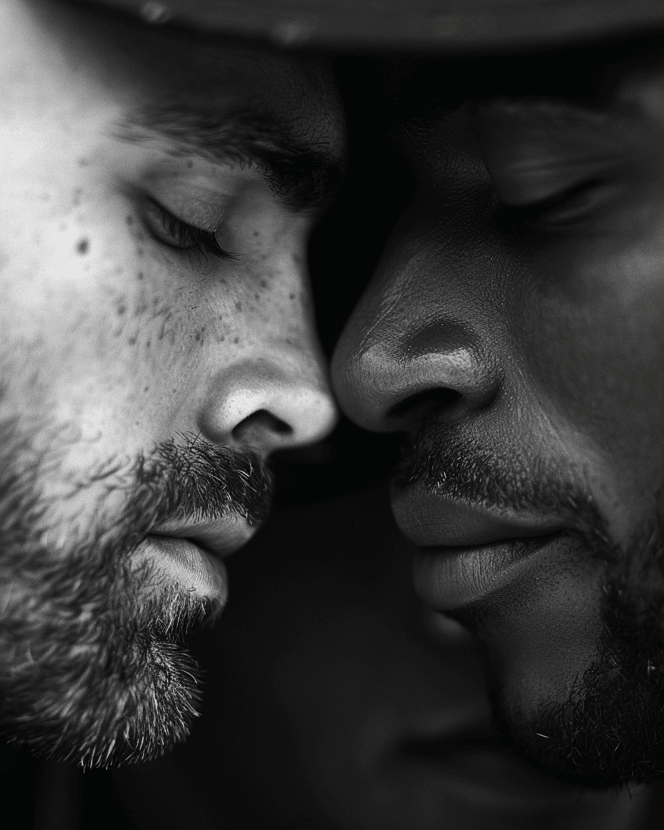 AI generated: Close up of two men in love, tender moment, in the style of Albert Watson, in the style of Peter Lin...
