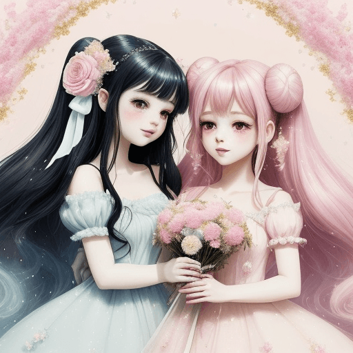 AI generated: {{A whimsical depiction of My Melody and Kuromi}} with My Melody delicately {holding a bouquet of pa...
