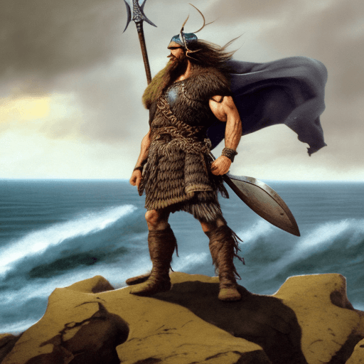 AI generated: A powerful Viking warrior standing on a rugged cliff overlooking a stormy sea. The Viking is clad in...