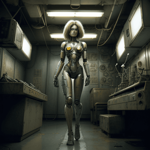 AI generated: Full-body photograph of a (beautiful:1.2) (female:1.2) cyborg, suspended in a worn-out, (cassette-fu...
