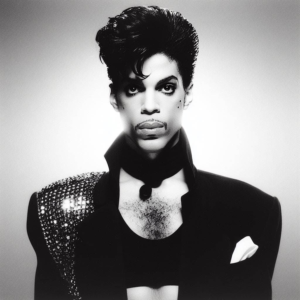 AI generated: vhs portrait shot of prince on stage 1986, upper body shot, parade album, black jacket with sparkled...