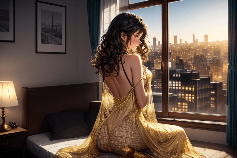AI generated: Create an artistic and intimate scene featuring a woman with dark curly hair sitting on her knees in...