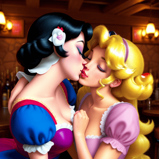 AI generated: Princess peach leaning into Disney Snow White lesbian, kissing, wet in a bar decorated like the Barb...