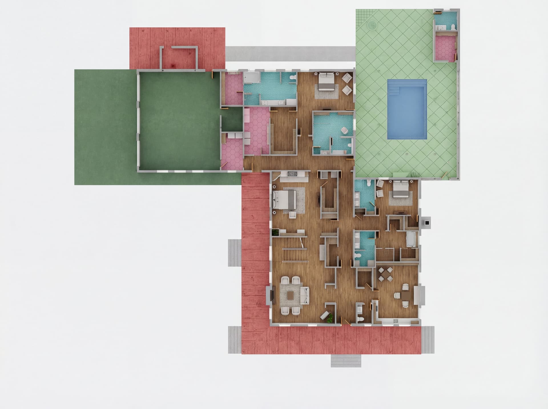 AI generated: Can you create a 3D floor plan of this plan please.
Red regions to have stamped concrete with a wood...