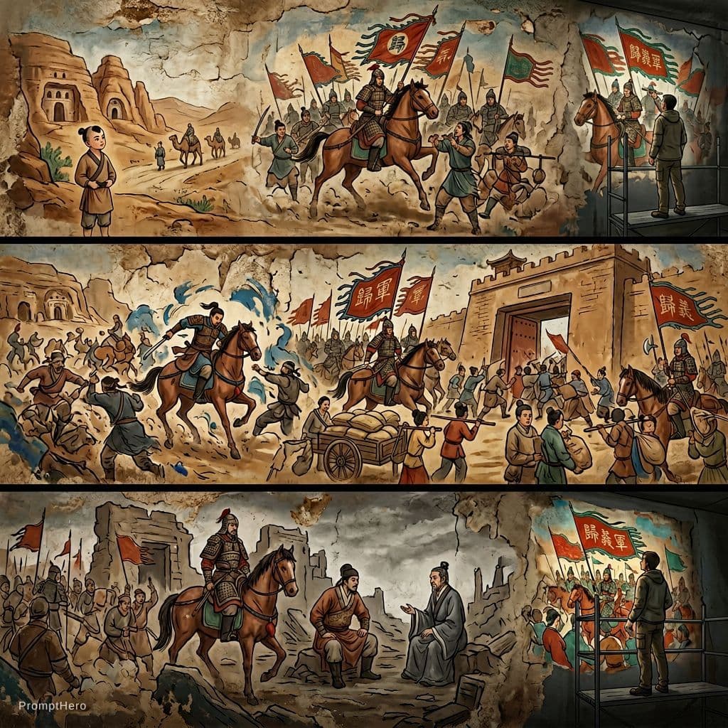 AI generated: **Prompt:**
A massive horizontal narrative mural in the style of Late Tang Dynasty Dunhuang frescoes...
