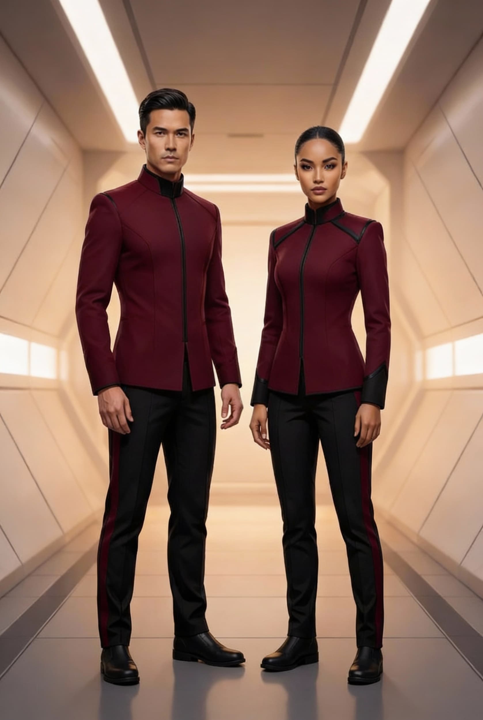 AI generated: Create a Sci-Fi uniform. Use the reference image and turn all blue to red. The color of the uniform ...