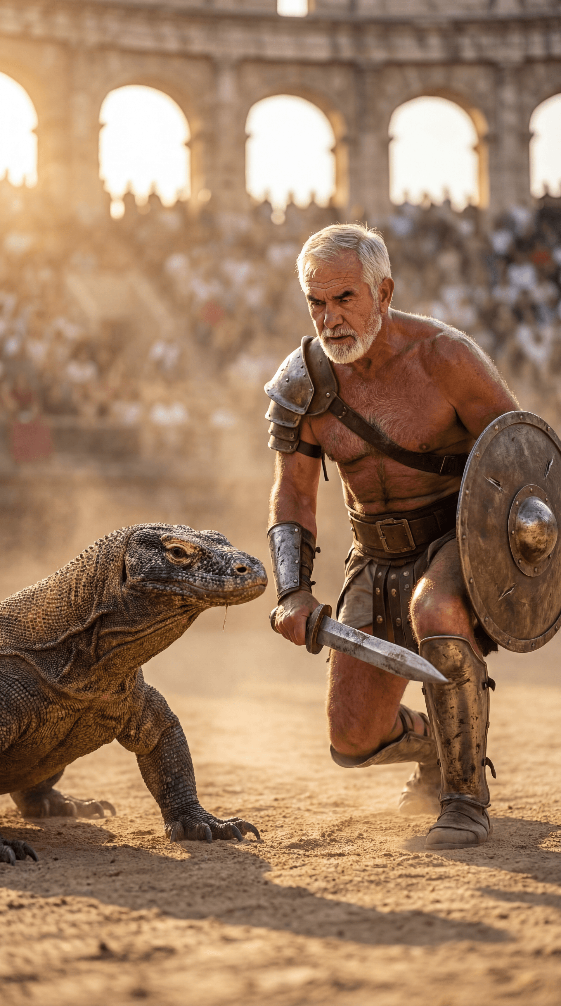 AI generated: Ultra-realistic documentary-style photography inside the Roman Colosseum.
CAMERA ANGLE: very low san...