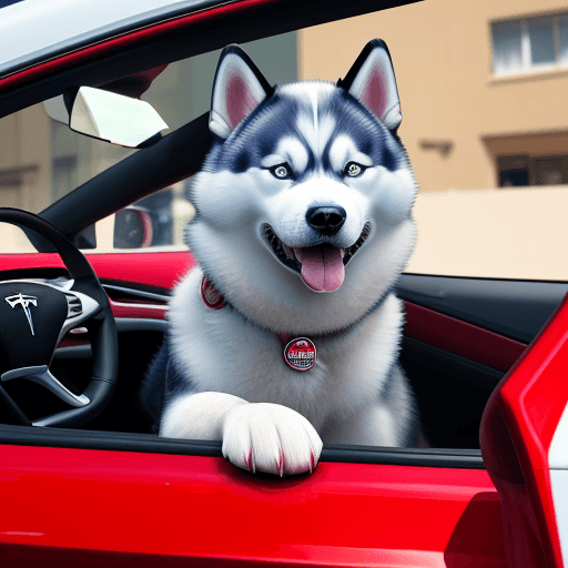 AI generated: perro husky sobre un auto tesla, tomando cocacola, con el universo de fondo