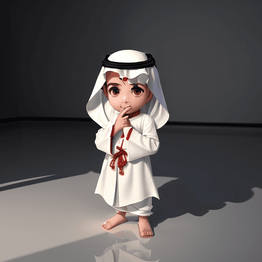 AI generated: Saudi child, wearing a white thobe and traditional red shemagh, full body, isometric, 3D, cute, litt...