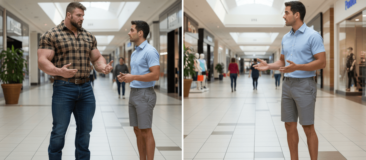 AI generated: the bodybuilder is 6'4" tall, he has huge muscular shoulders and extra huge muscular legs. He is wea...