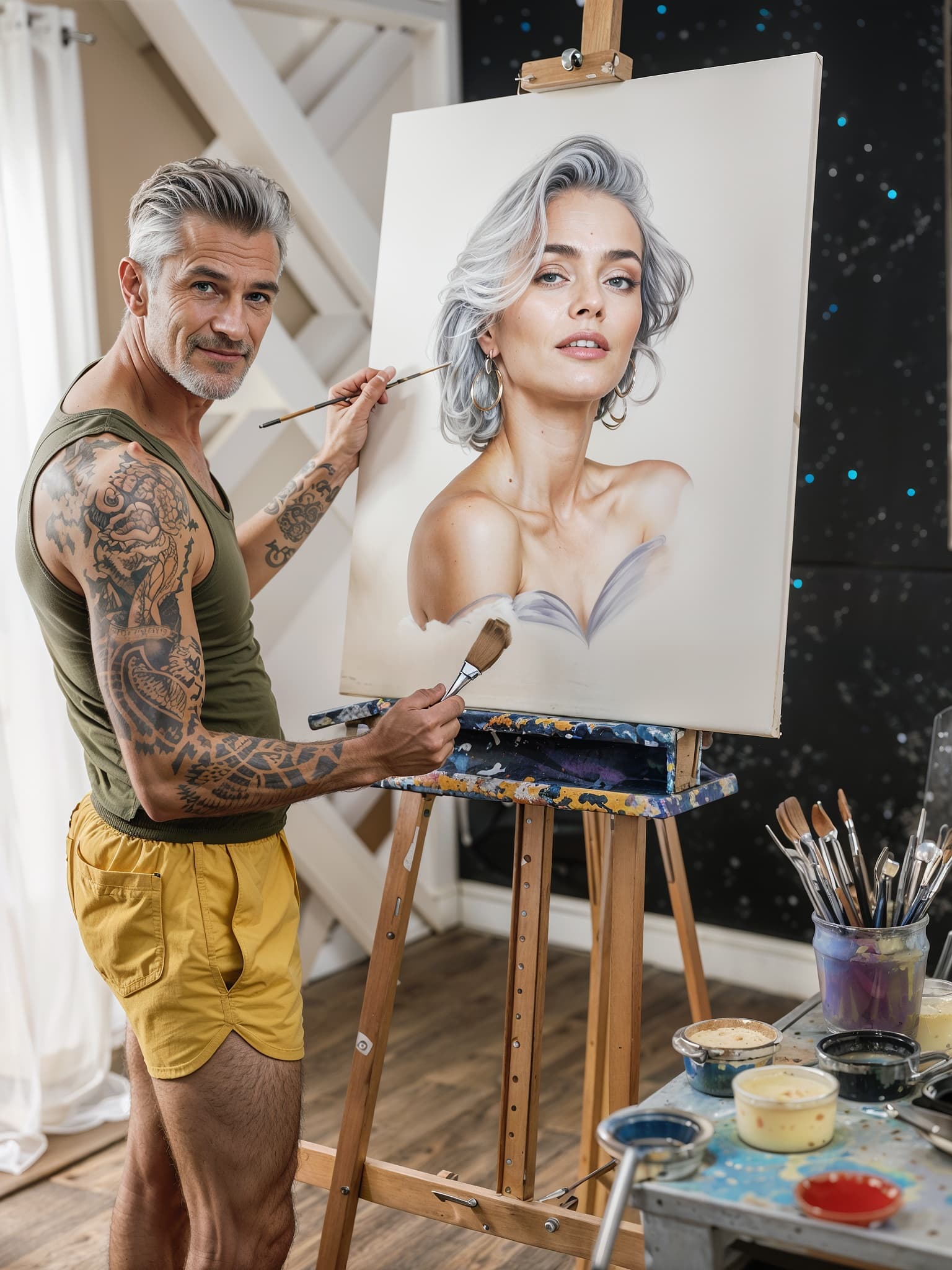 AI generated: A stunning high quality photo of a beautiful and gorgeous 55 year man with tattoos on his arms and g...