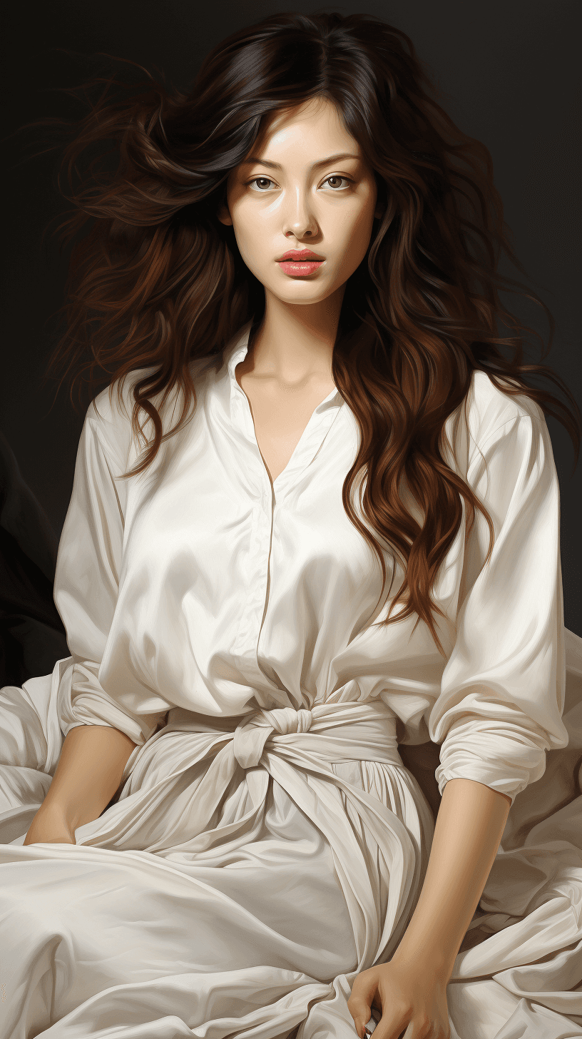 AI generated: asian rae eunhee on a white bed, in the style of light gray and light bronze, dark white and dark az...