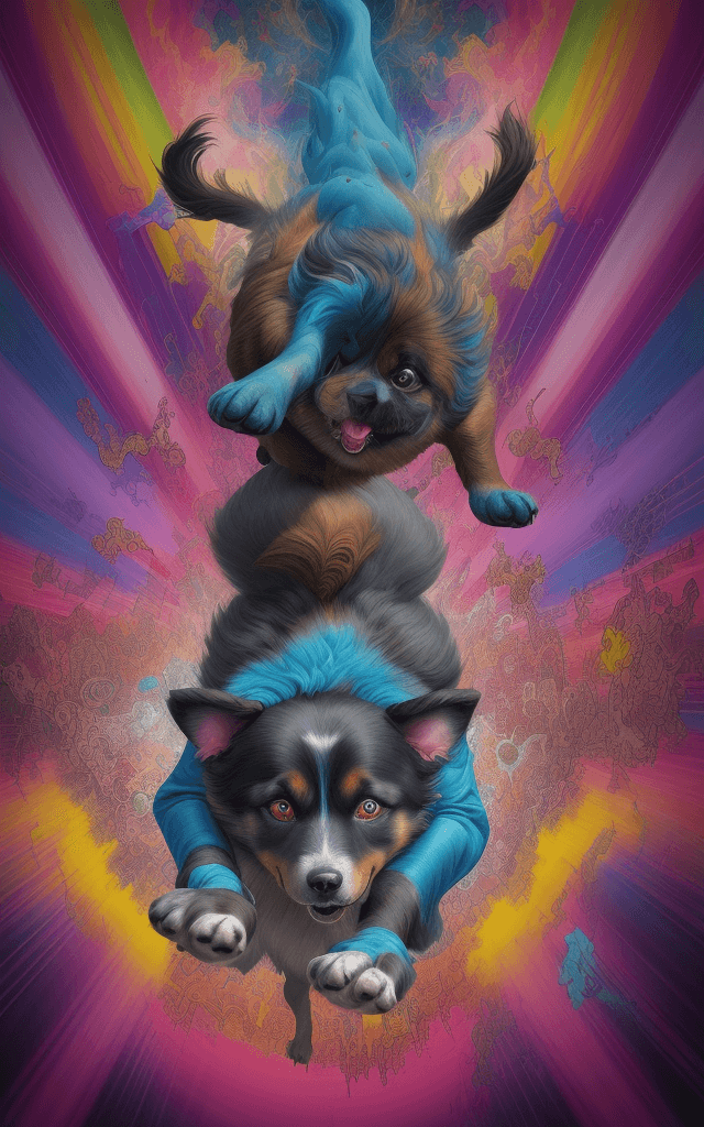 AI generated: A dog emanating an aura of confusion performs a leap, surreal painting, contorted reality, vivid col...