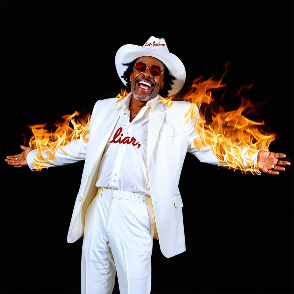 AI generated: It says in the print over his head. Liar. Liar, pants on fire. Man in a white suit and hat, his pant...