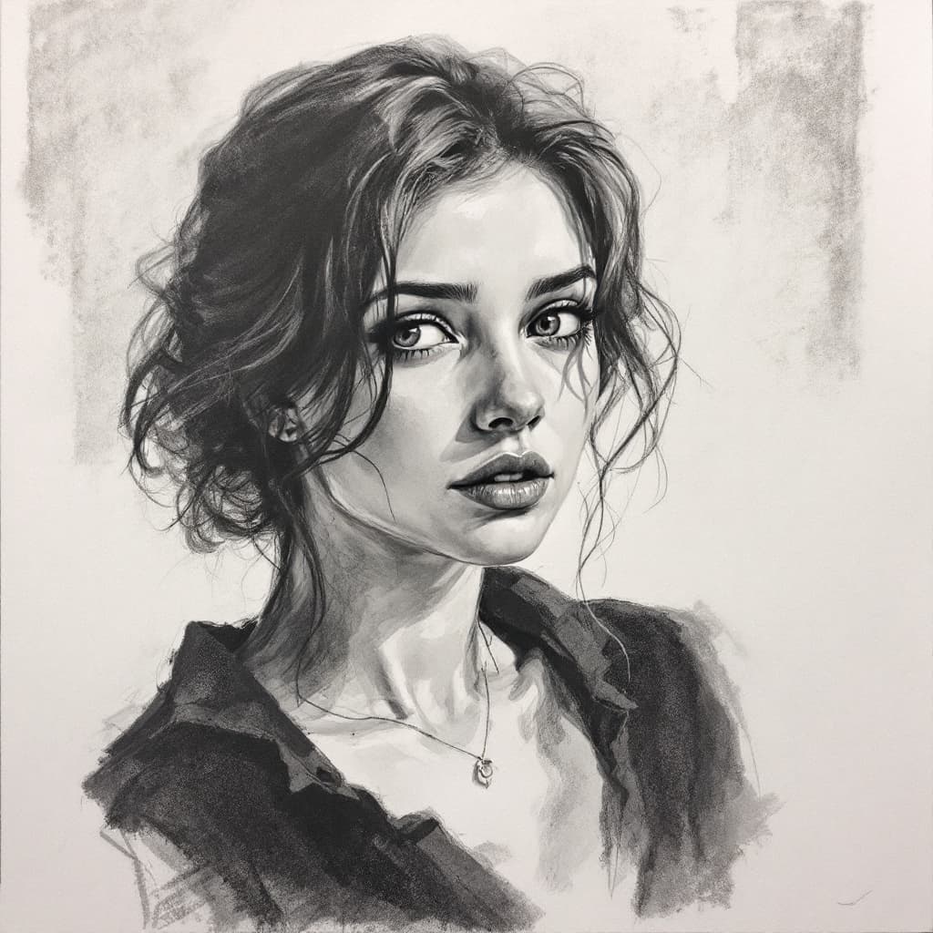 AI generated: Charcoal drawing, portrait, girl, expressive