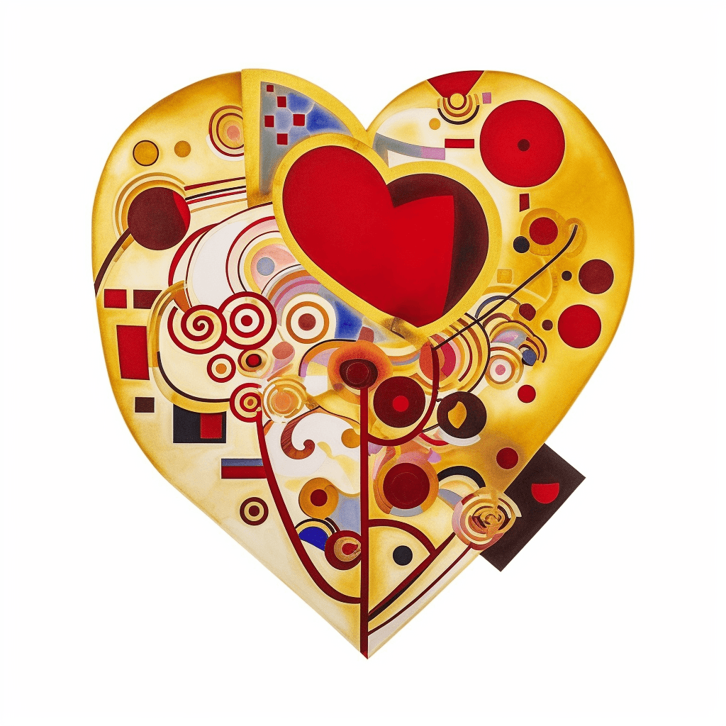 AI generated: A symbolic icon of a heart, Byzantine style, red and gold palette, art by Wassily Kandinsky, white b...