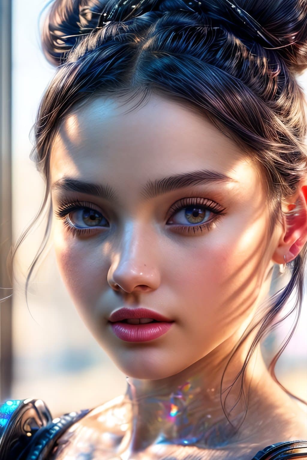 AI generated: An extremely cute woman, with top knots full of vital spirits, delicate intricate iridescent details...
