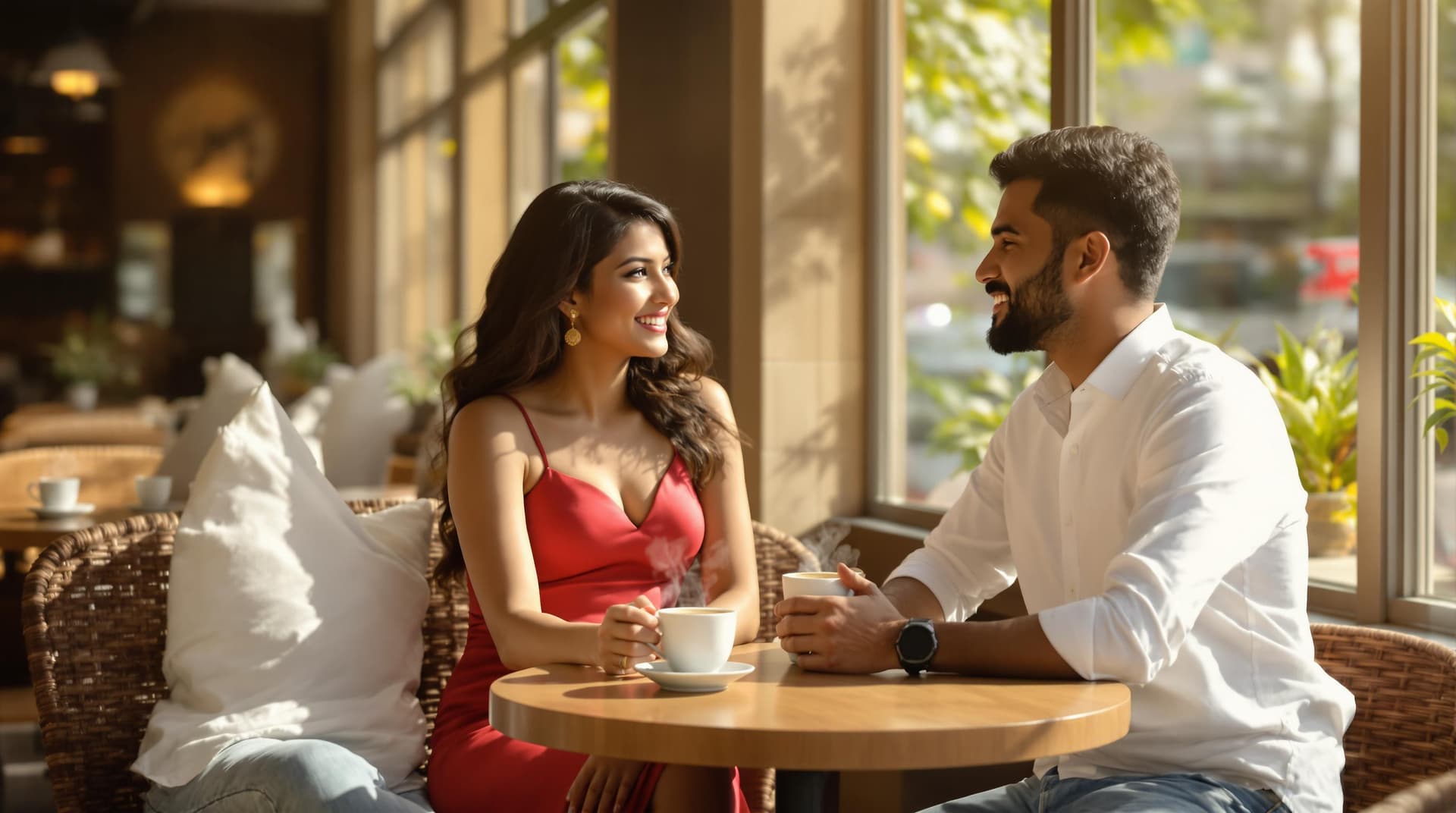 AI generated: (Cinematic UHD, hyper-realistic young Indian couple sitting opposite to each other at a cozy café ta...