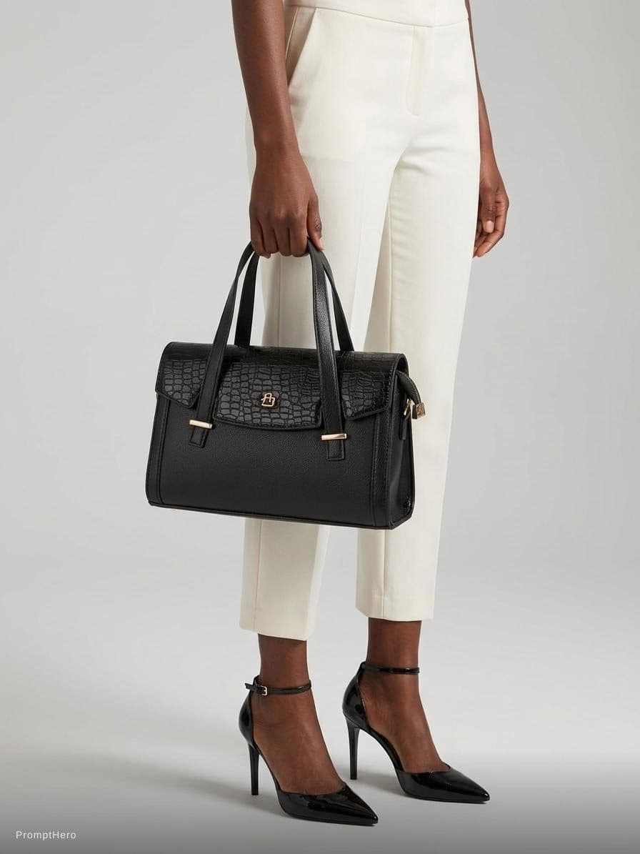 AI generated: Use the reference handbag exactly as provided. Preserve the original shape, dimensions, leather text...