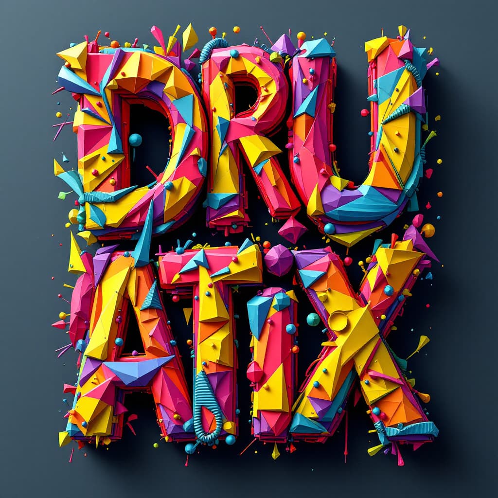 AI generated: the letters DRUMATIX decorated in a complex 3 D deconstructivist style withbright colors. --v 5.1 --...