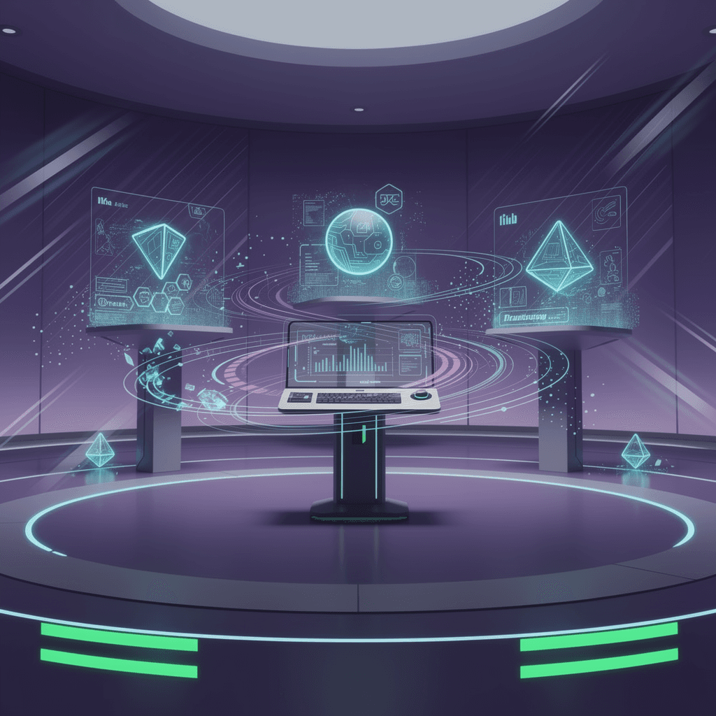 AI generated: futuristic IoT monitoring station, circular room with floating holographic device 
displays, deep pu...