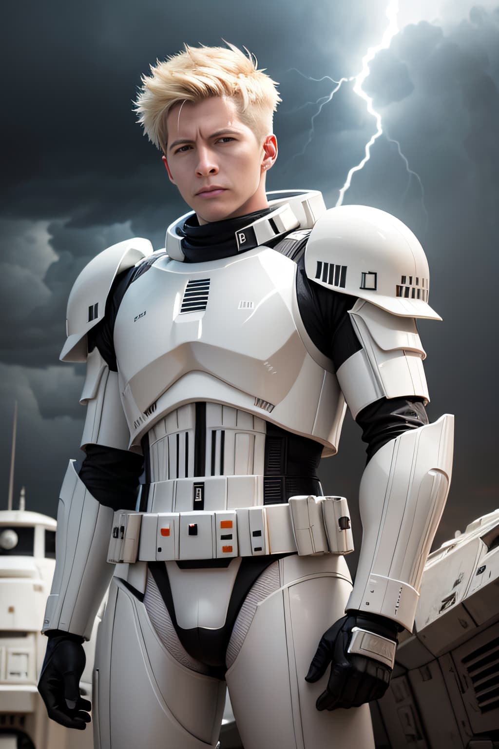 AI generated: 20 years old blonde man in storm trooper suit