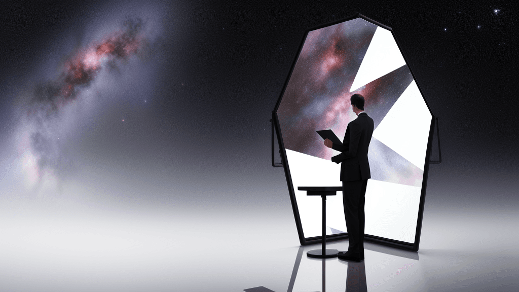 AI generated: a man standing at a lectern, teaching at the precipice of a white room that breaks away to show the ...