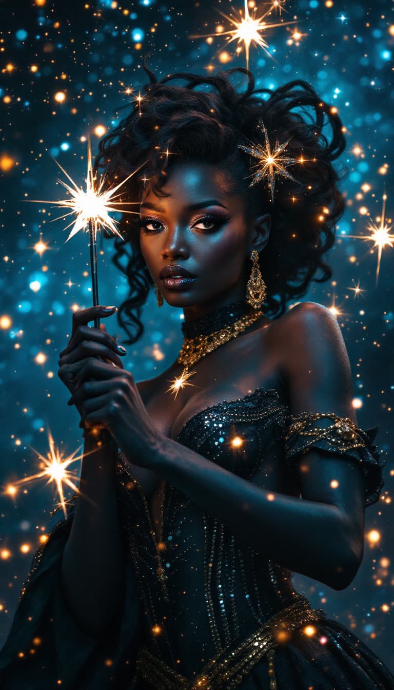 AI generated: "Stellar Siren with a Cosmic Grace": A vibrant image presents a captivating woman, effortlessly wiel...