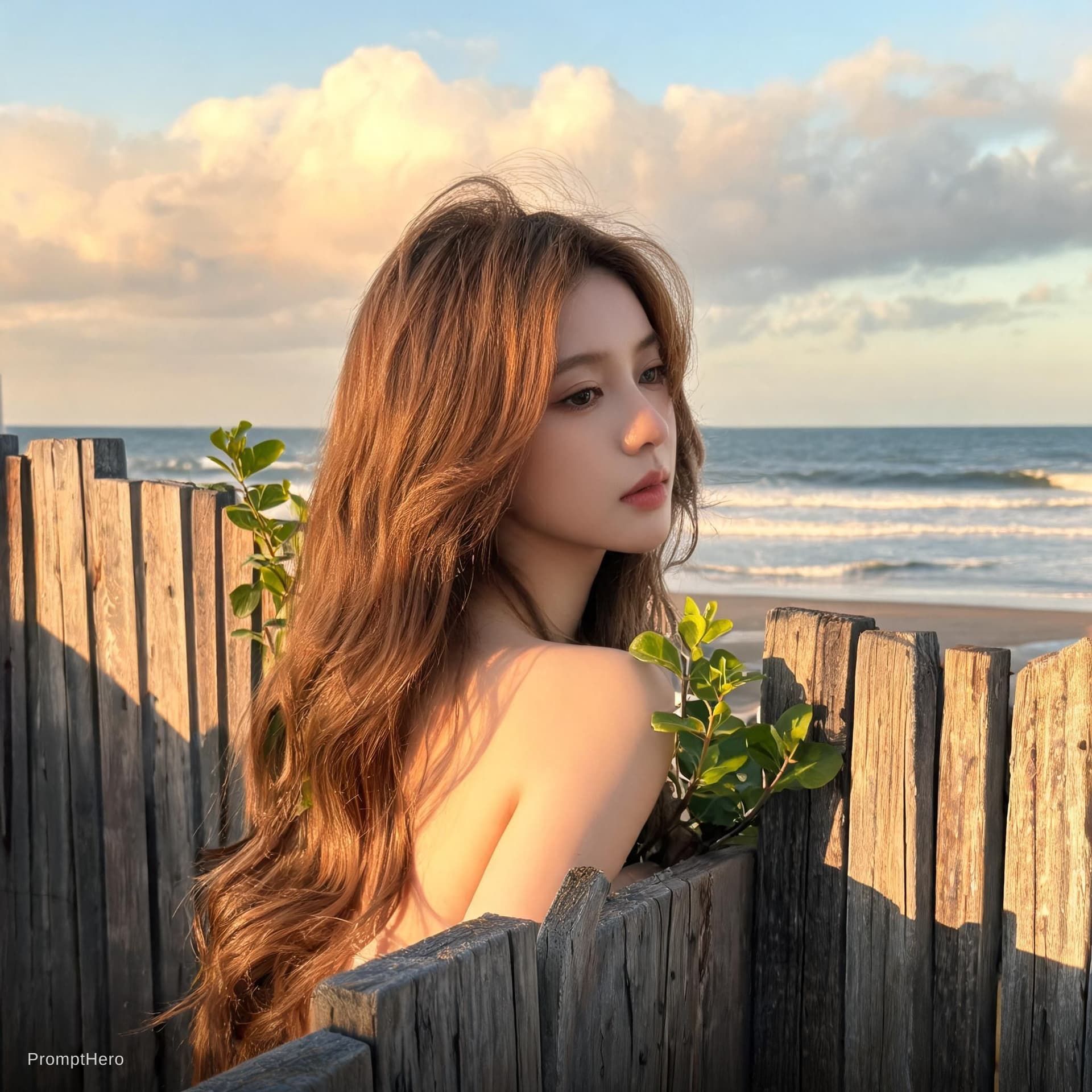 AI generated: shoulders in soft, natural waves. She leans against a weathered wooden slat fence, the texture of th...